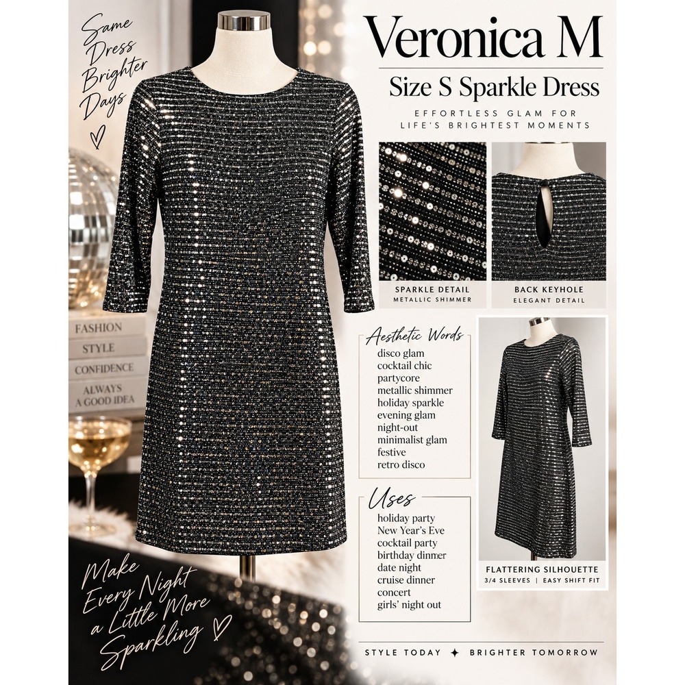 Veronicam Silver Sequin Shift Dress Small Metallic Partycore Evening Glam S